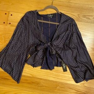 Brand new- top in navy and gold accents with tie in front